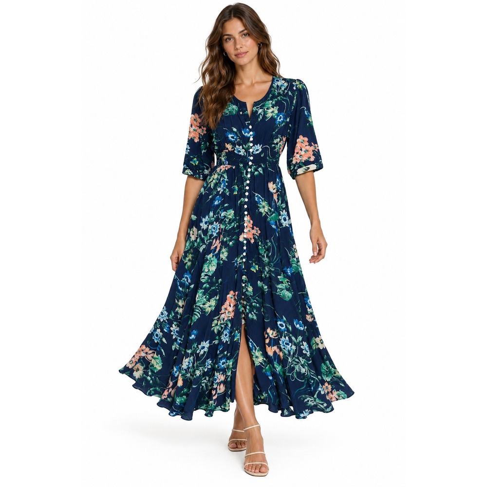Floral Maxi Dress Women Size M Navy Blue Button Front Smocked Waist Elbow Sleeve